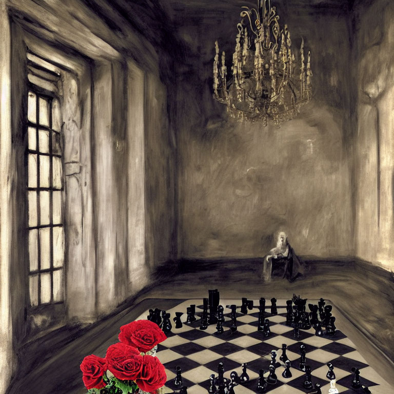 Dimly lit room with baroque influences and chessboard with red roses