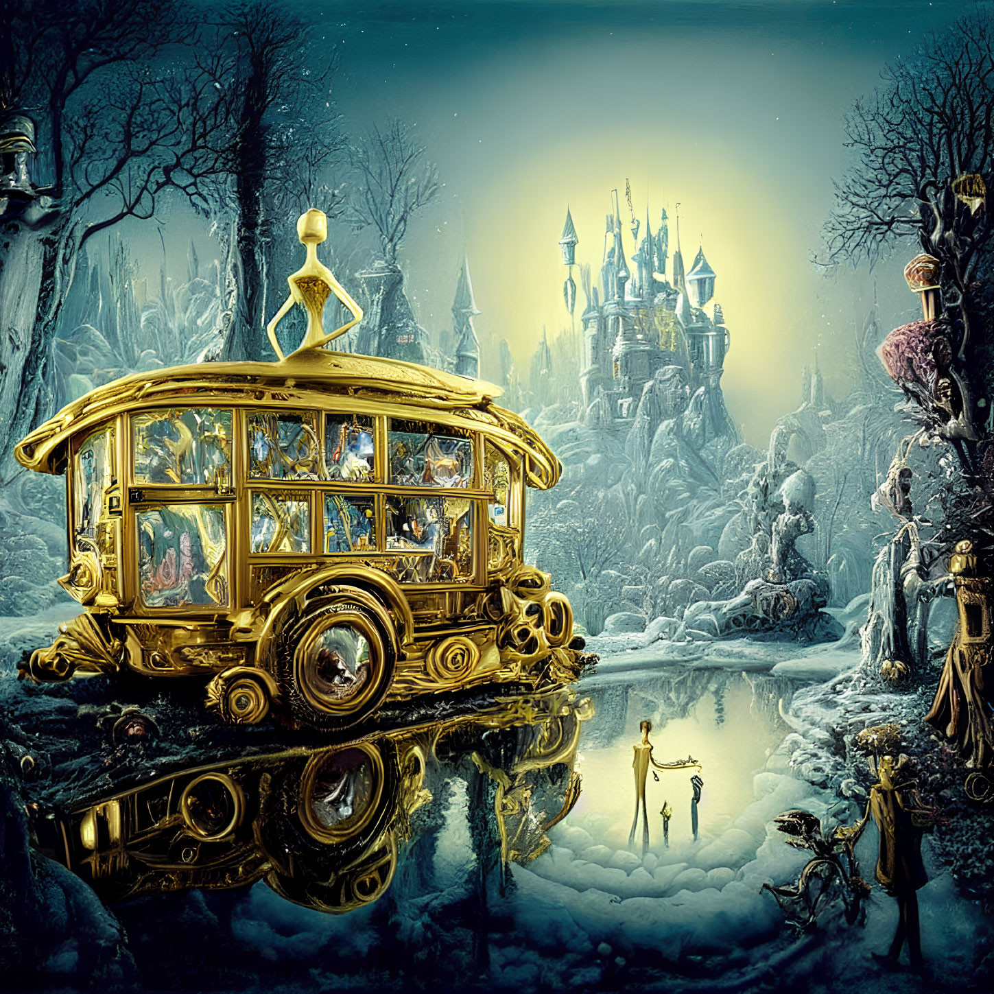 Ornate golden bus reflected in icy landscape with castle and fantastical creatures