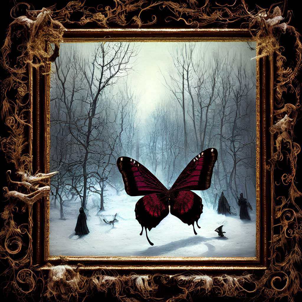 Large Vibrant Butterfly Artwork in Snowy Forest Scene with Baroque Frame