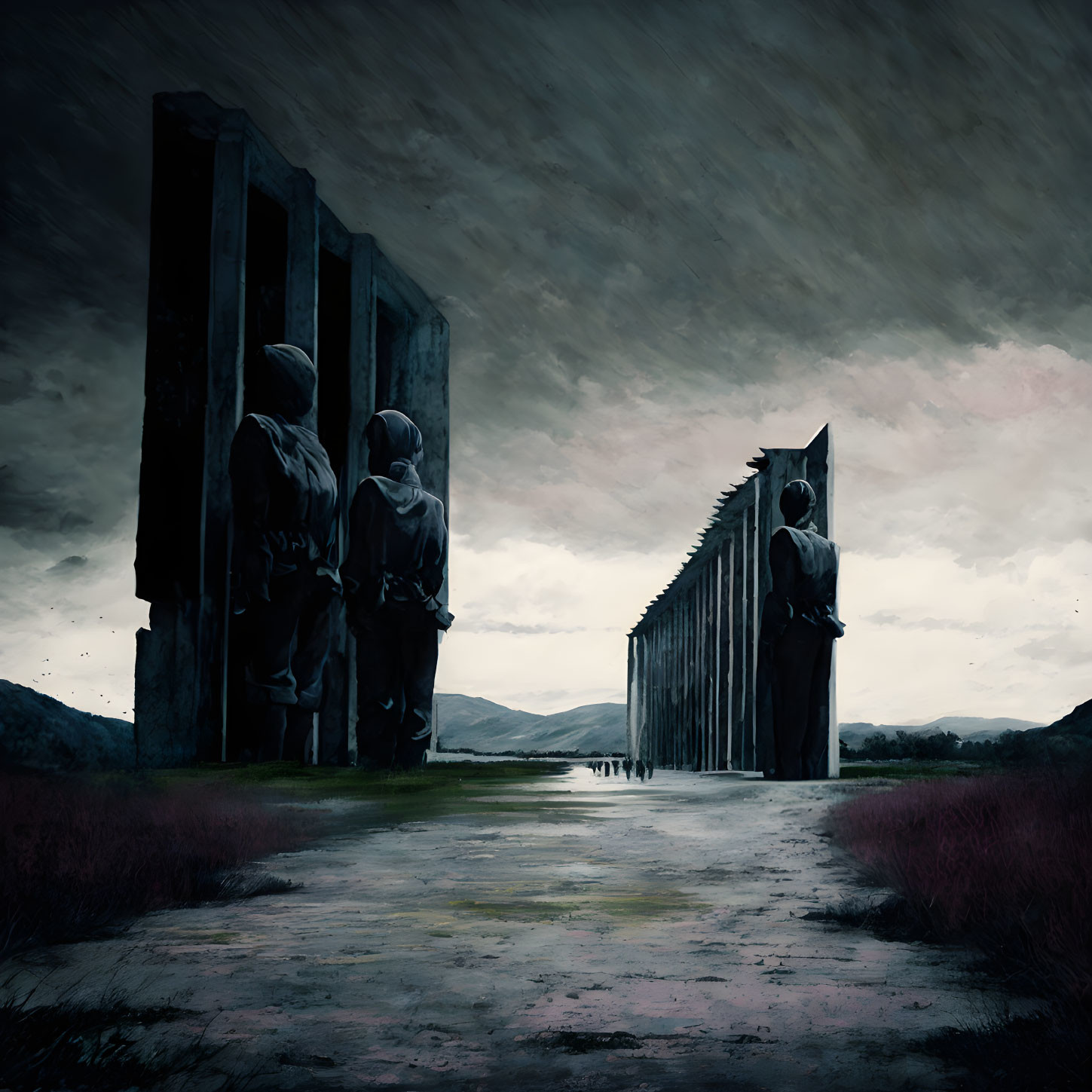 Mysterious cloaked figures at rune-inscribed monolith