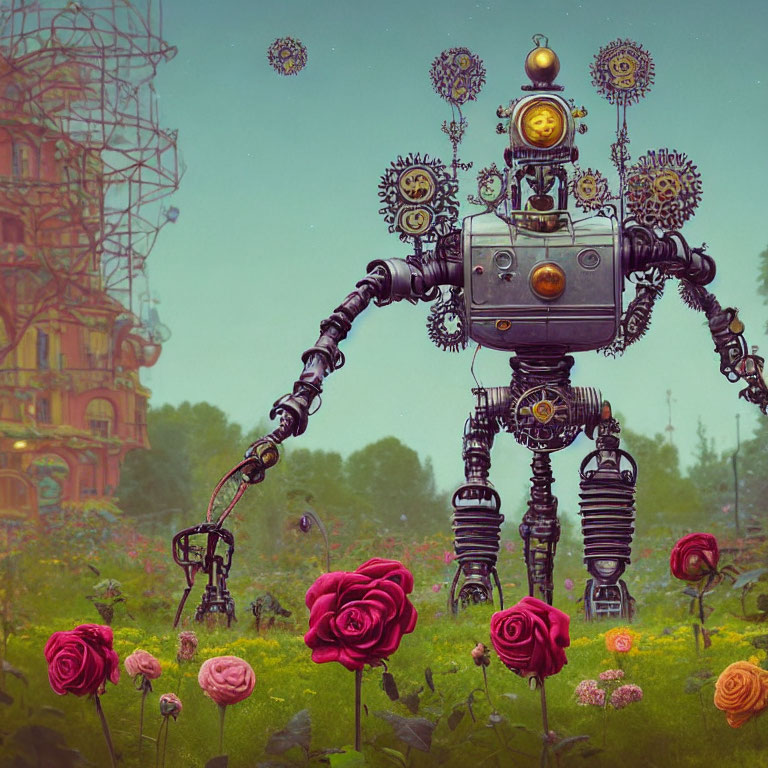 Steampunk robot with lightbulb head in colorful garden scene