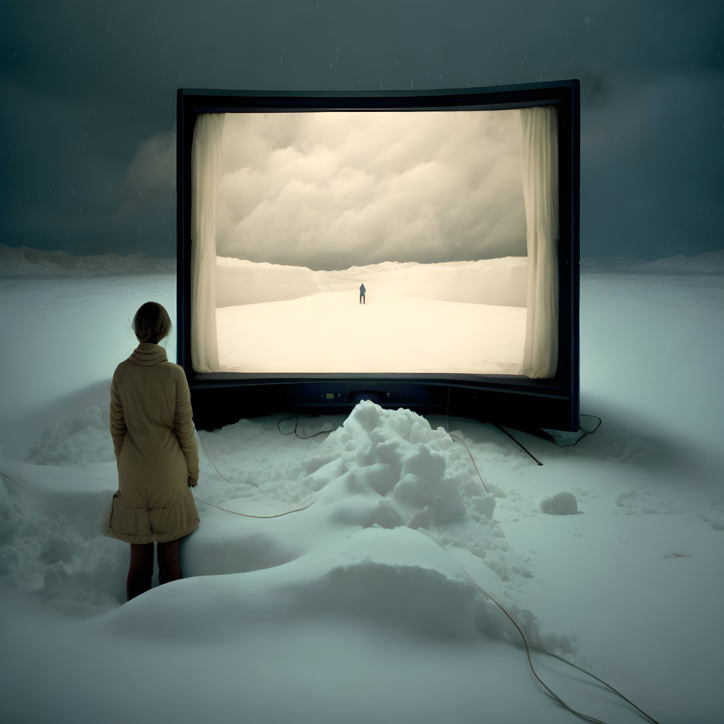 Person in coat gazes at figure in TV screen displaying snowy landscape