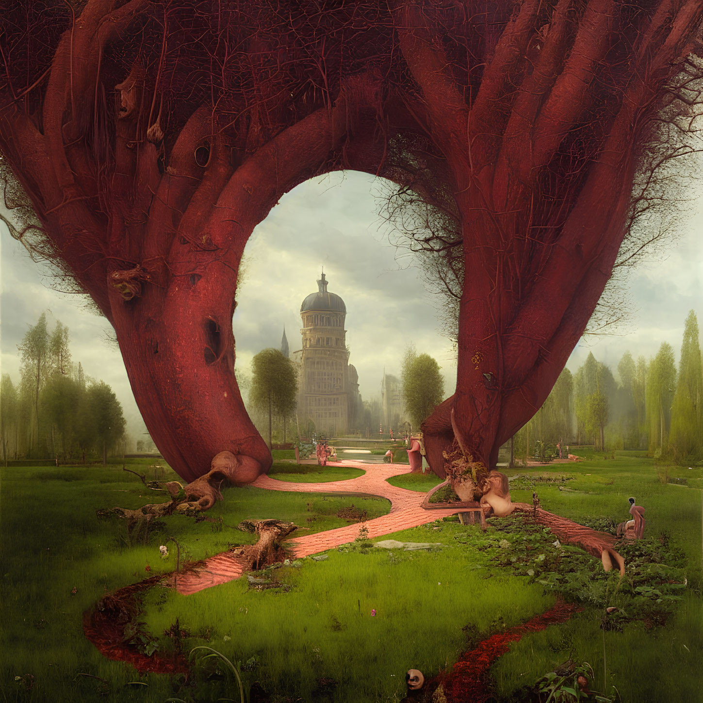 Majestic tower and ancient tree in surreal landscape