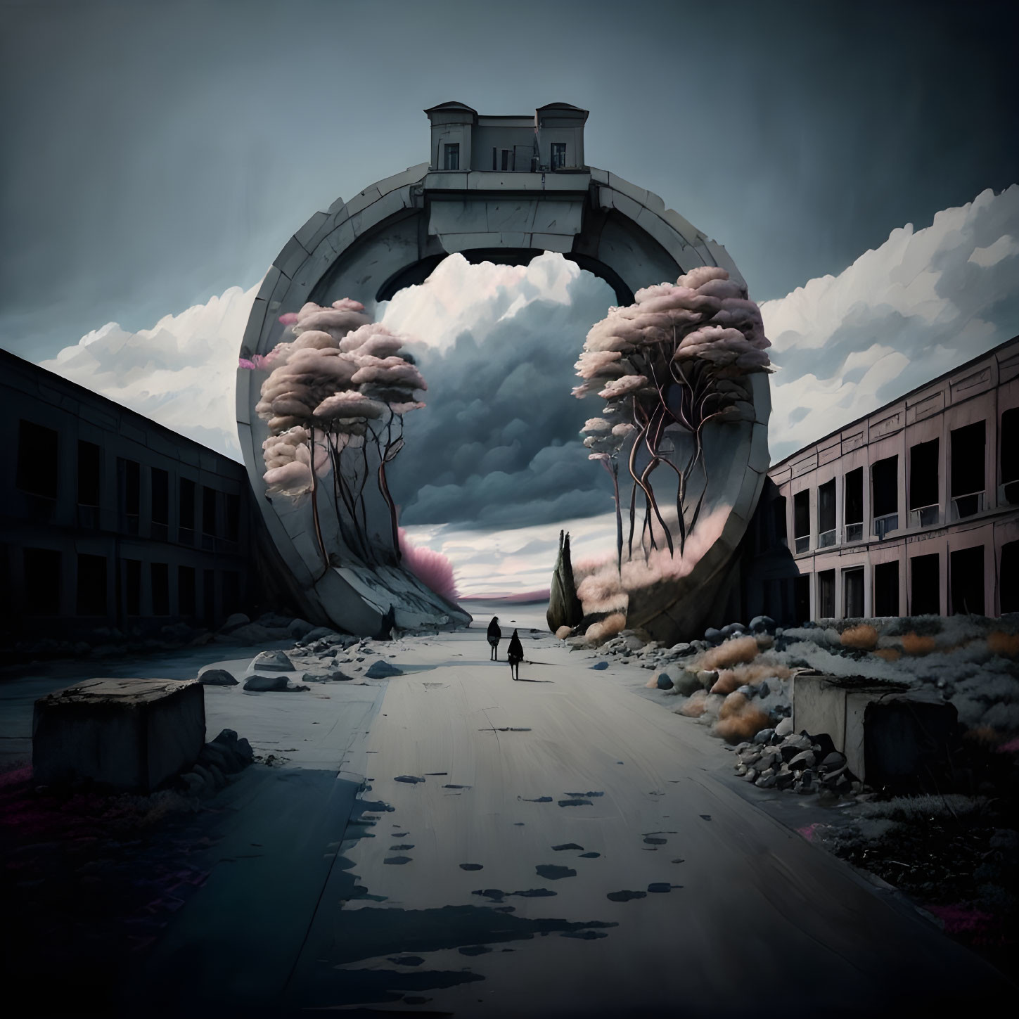 Surreal landscape with figure approaching circular structure amid desolate scenery