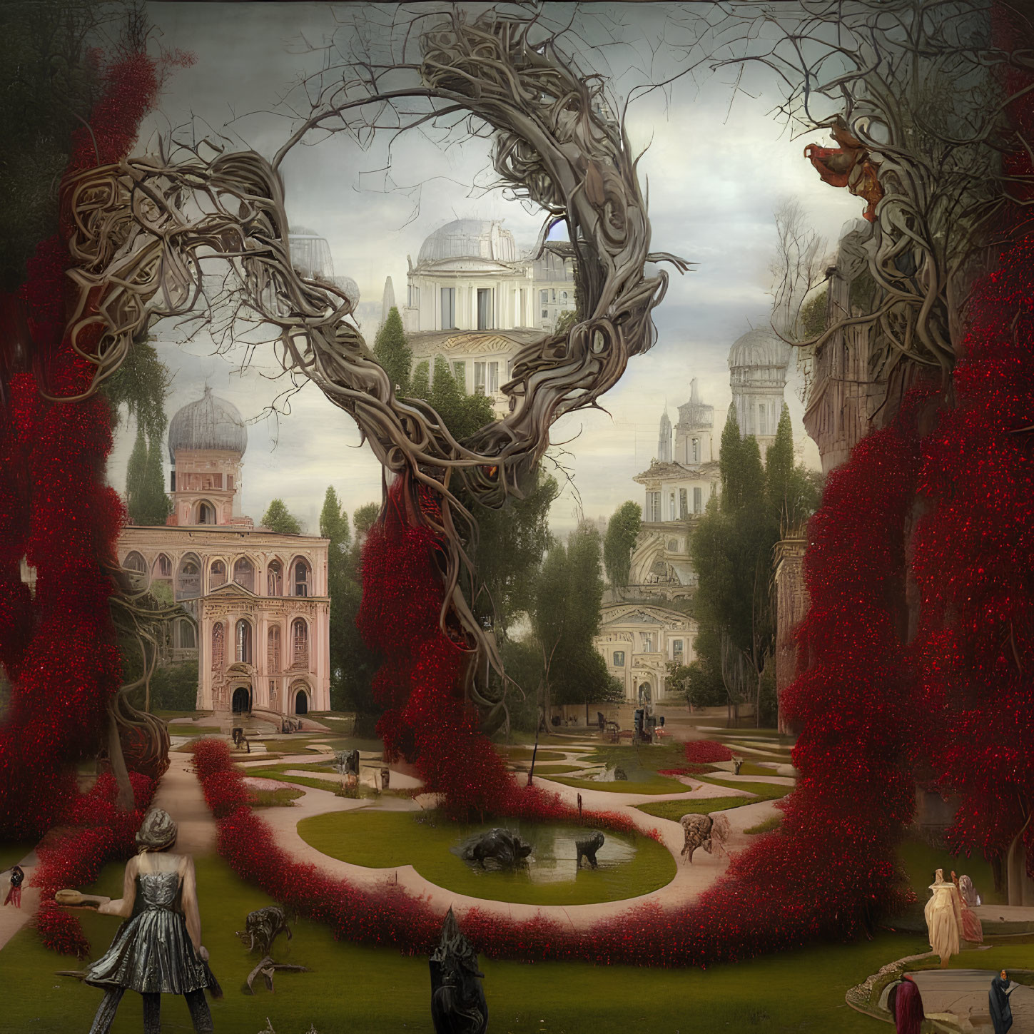 Surreal garden with lush greenery, red vines, classical buildings, statues, and people in