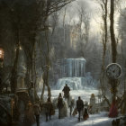 Victorian-era people walking to ice-covered castle in snow-laden forest