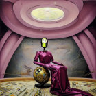 Humanoid Figure with Clock Head in Purple Dress Surrounded by Mechanical Parts and Timepieces