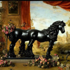 Surreal black mechanical horse with floral details in classical setting