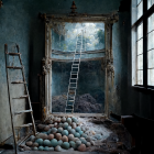 Surreal painting with ladder, eggs, and window frame