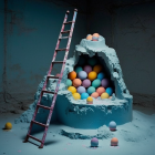 Wooden ladder against cave with colorful orbs in moon-like landscape