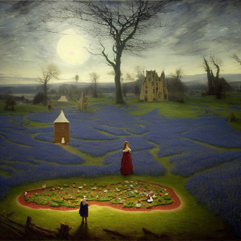 Surreal landscape with woman in red, child, old house, and bare tree