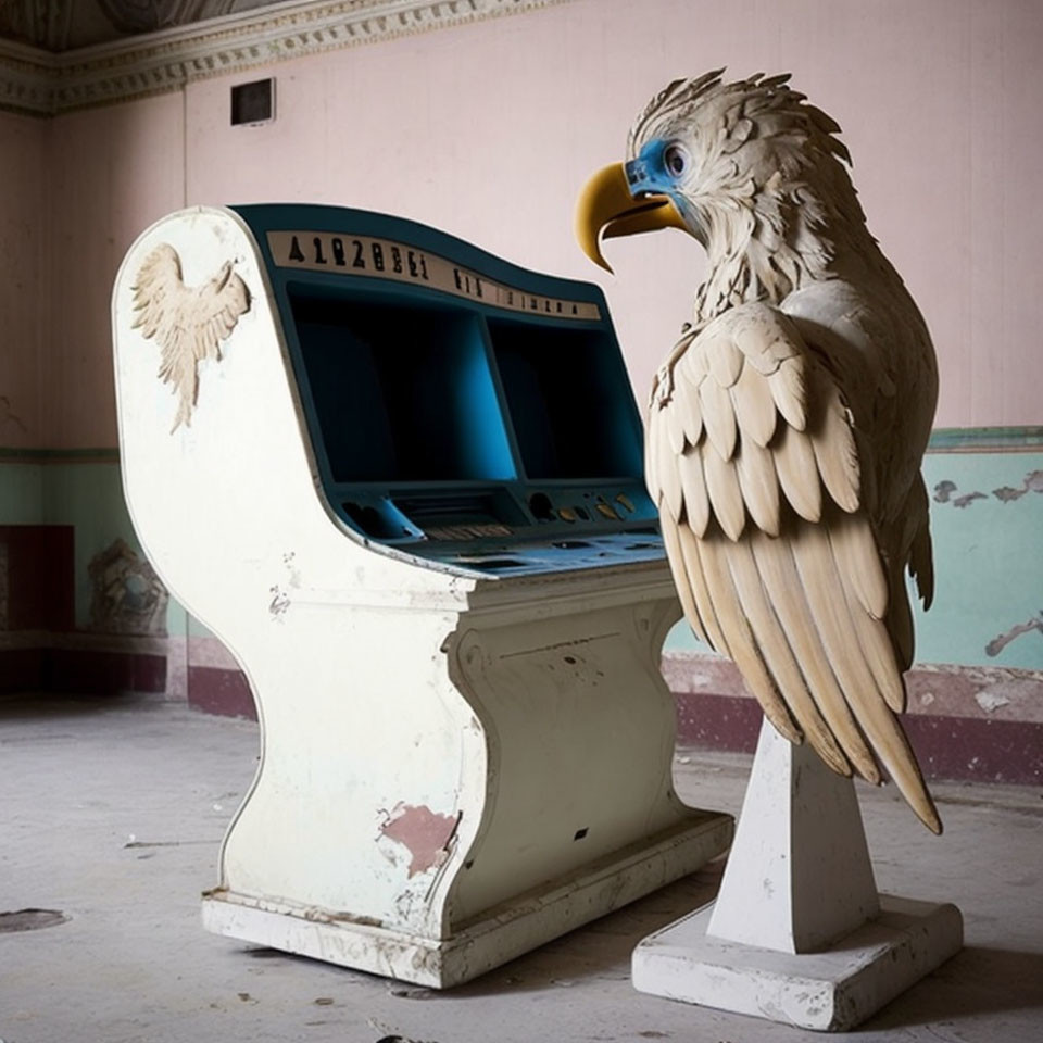 Eagle sculpture with spread wings on old arcade machine in dilapidated room