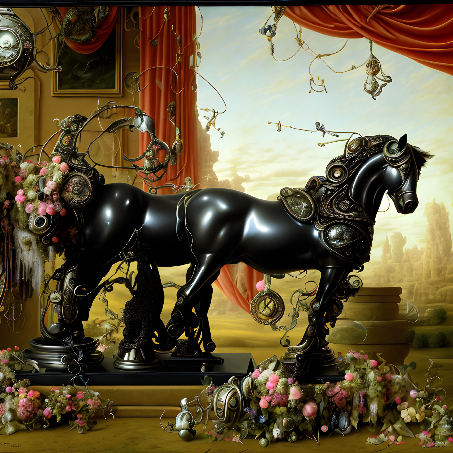 Surreal black mechanical horse with floral details in classical setting