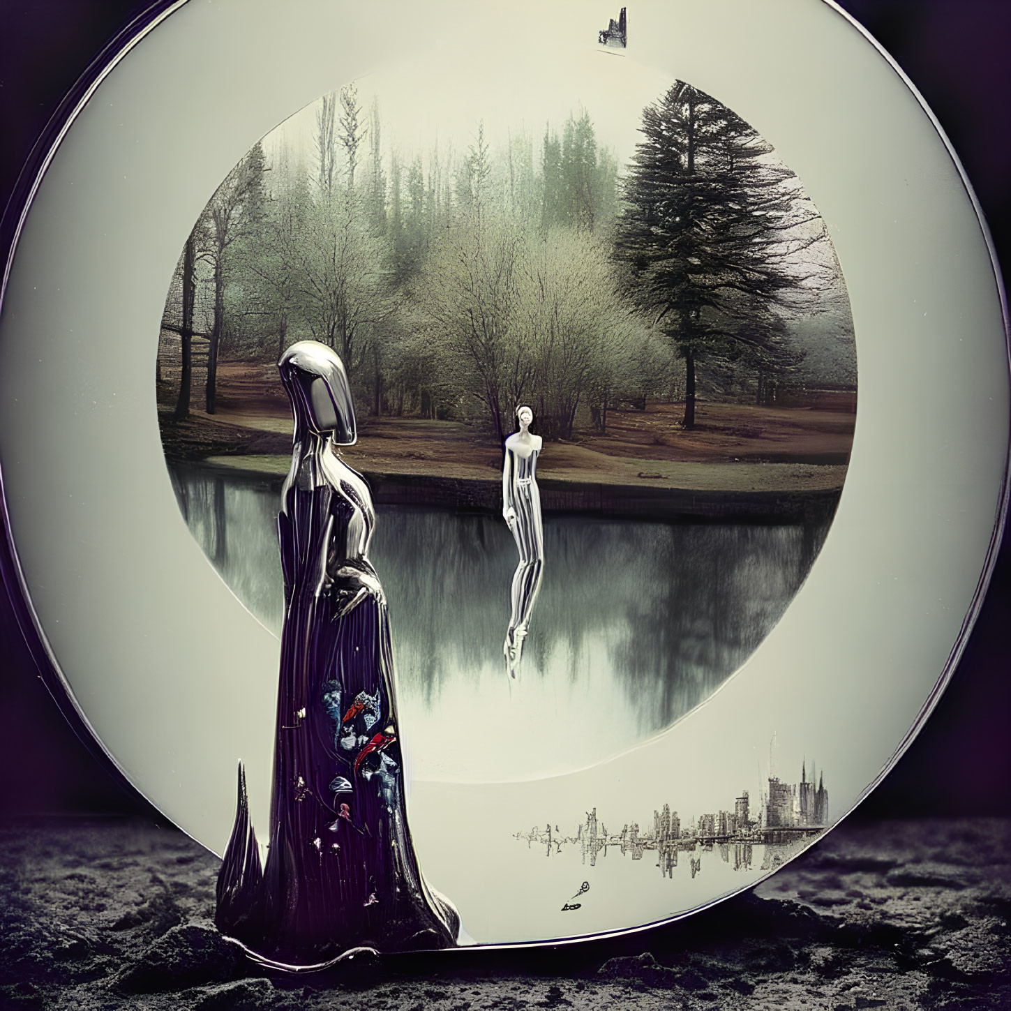 Reflective figure in floral robe gazes at mirror in surreal landscape.