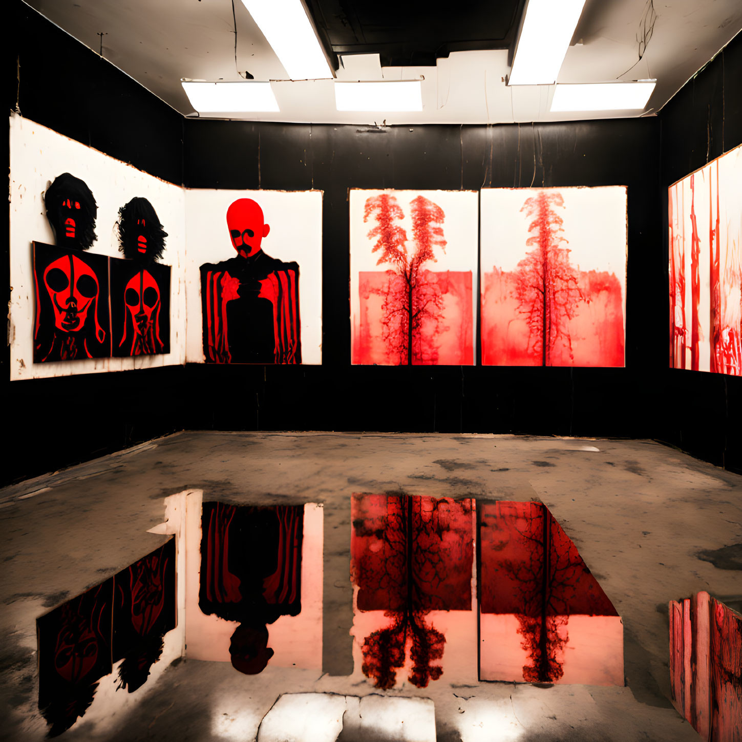 Reflective Floor Art Installation: Red and Black Skull Motifs with Forest Silhouettes