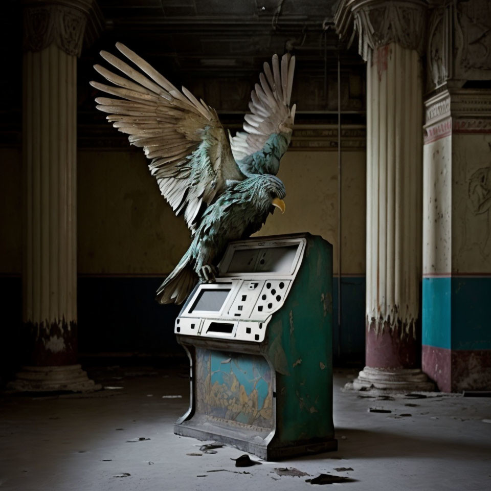 Eagle perched on arcade machine in abandoned room