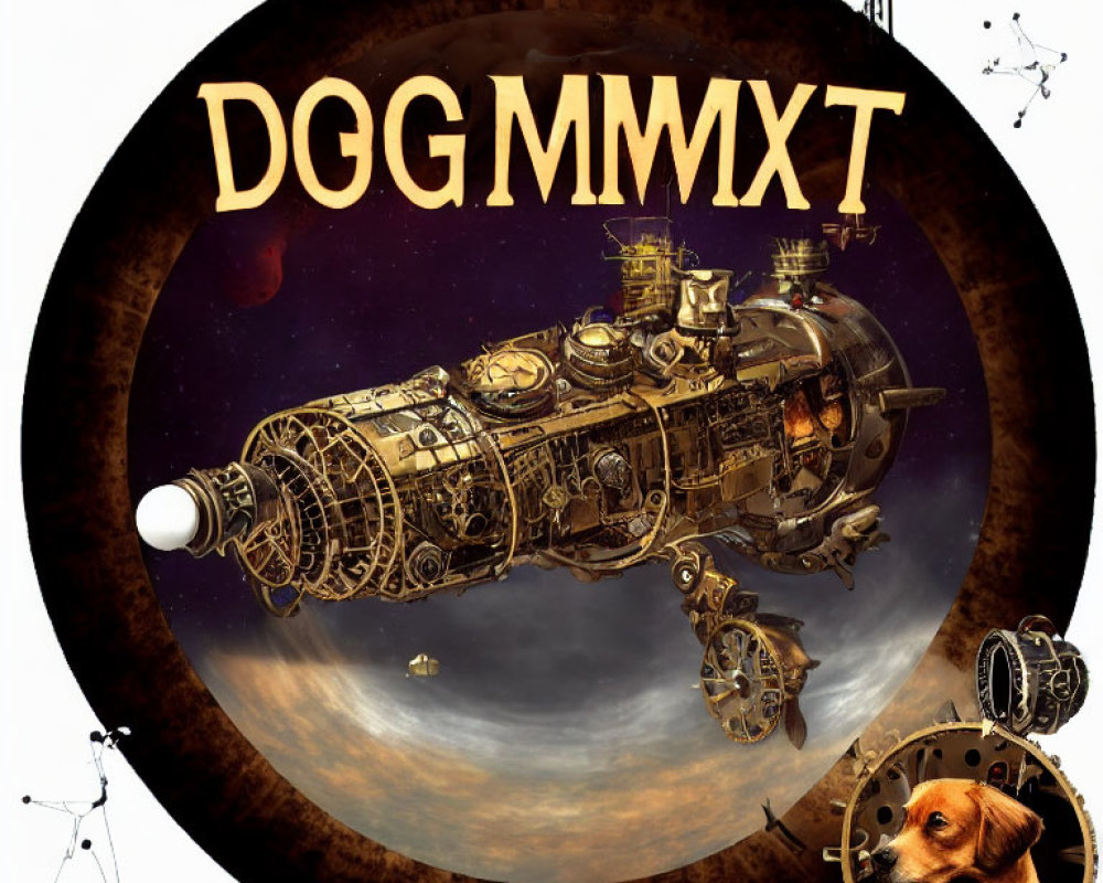 Detailed Steampunk Spaceship with Text and Dog's Head Image on Space Background