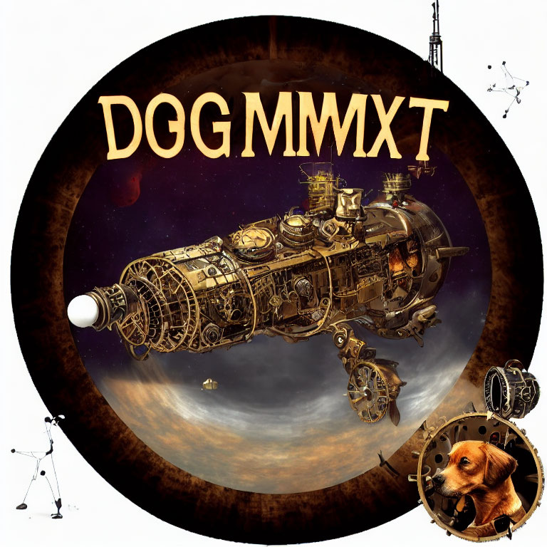 Detailed Steampunk Spaceship with Text and Dog's Head Image on Space Background