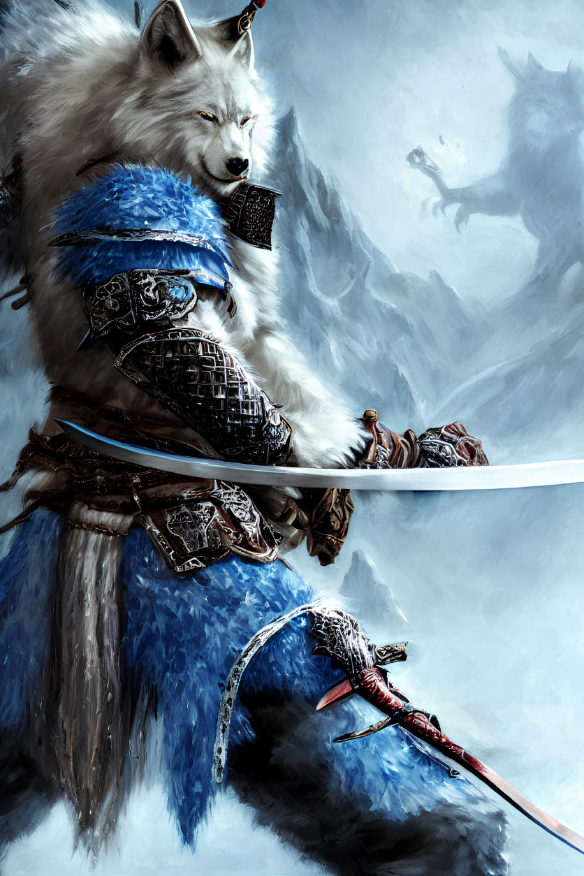 Wolf-headed armored warrior in blue fur and ornate armor with bloodied sword, snowy scene