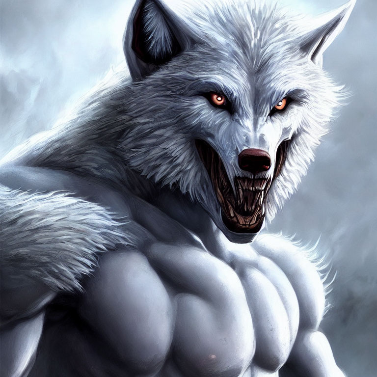 Detailed illustration: Snarling werewolf with red eyes and sharp fangs