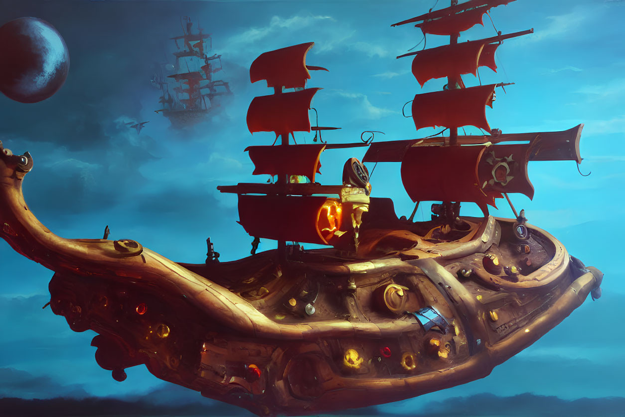 Fantastical flying ship with brass horn design and red sails in surreal sky.