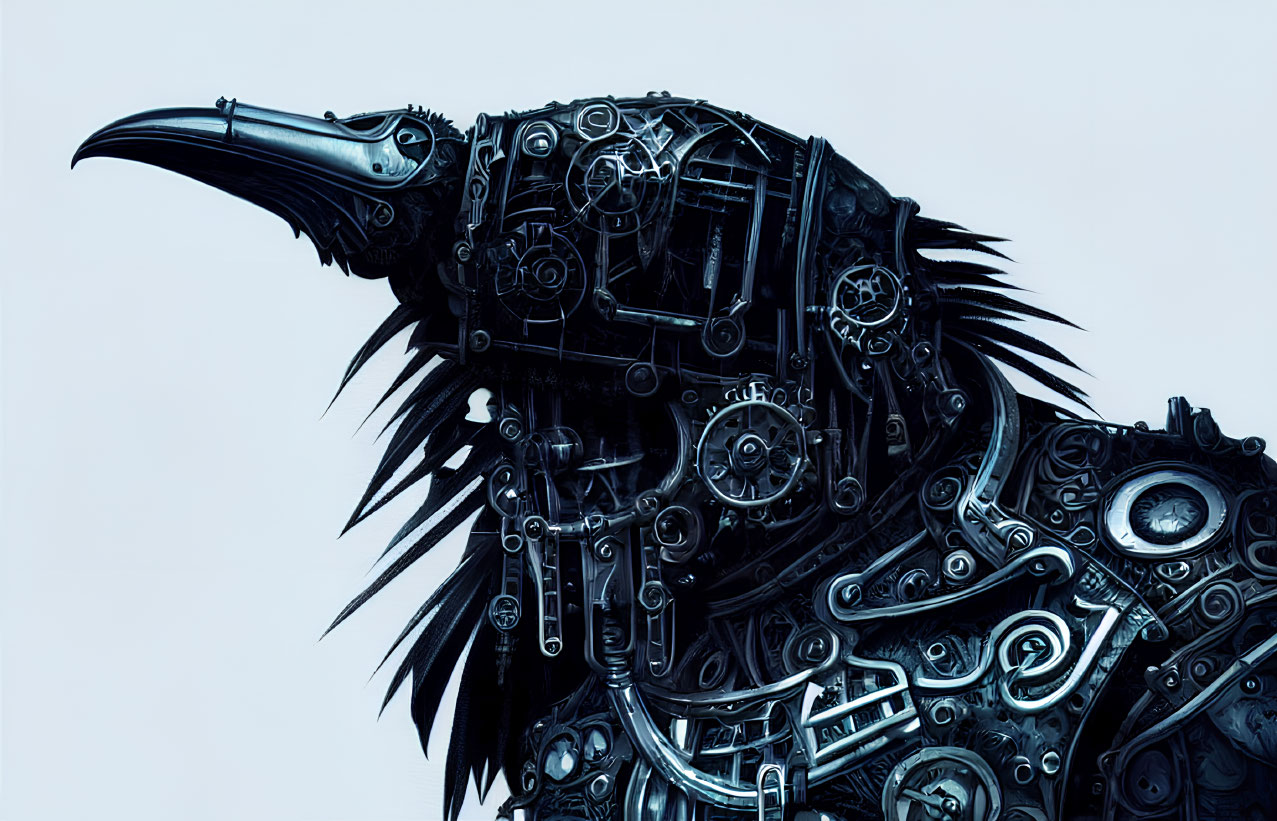 Intricate Mechanical Crow's Head in Monochromatic Blue Tone