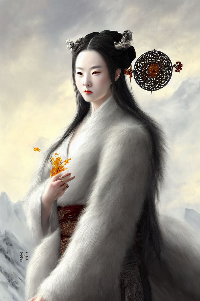 Traditional attired woman with fur cloak, orange flowers, and fan in mountainous setting