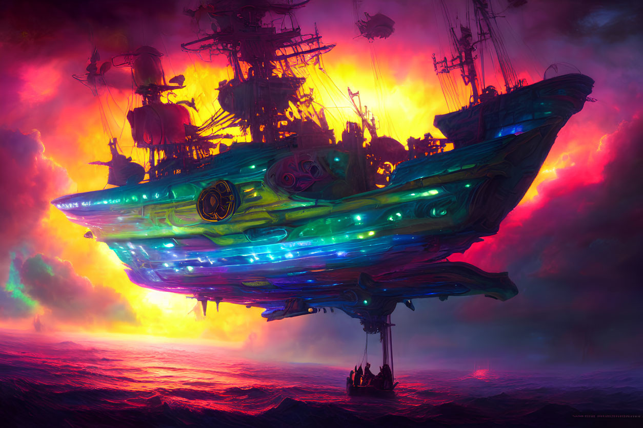 Futuristic flying pirate ship over fiery ocean in digital artwork