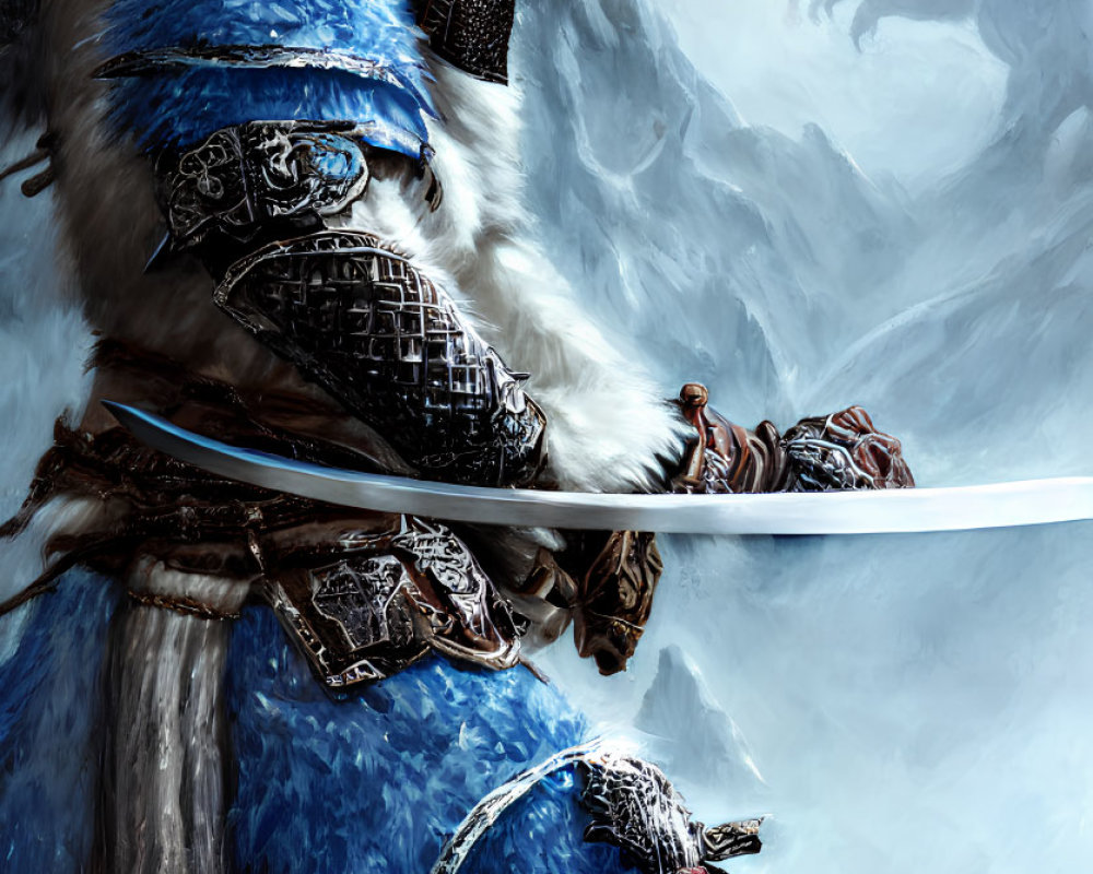 Wolf-headed armored warrior in blue fur and ornate armor with bloodied sword, snowy scene