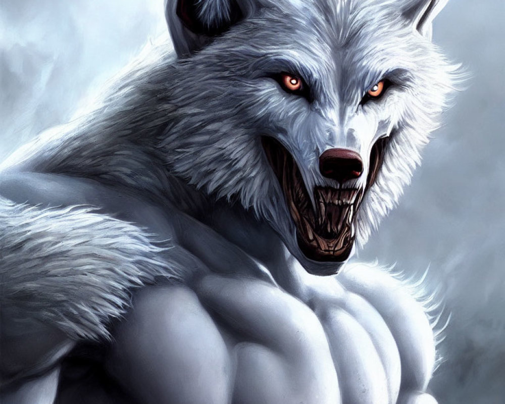 Detailed illustration: Snarling werewolf with red eyes and sharp fangs