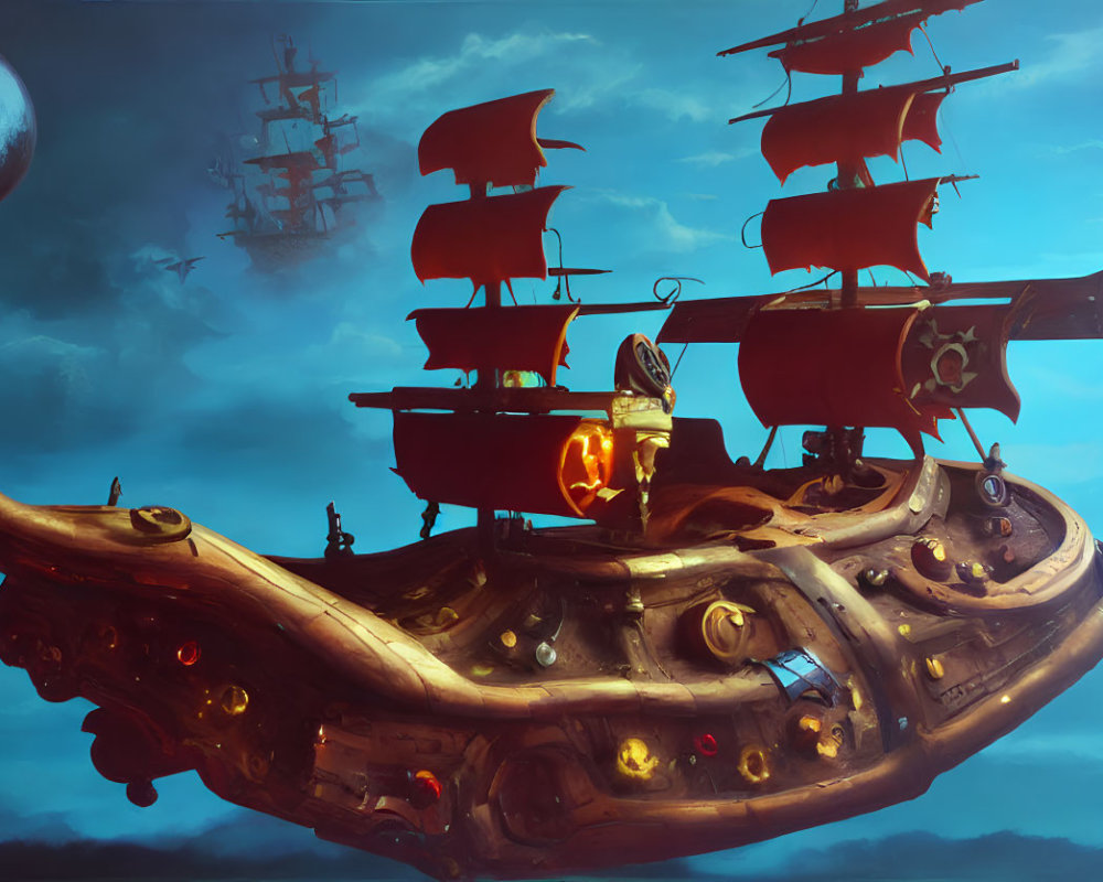 Fantastical flying ship with brass horn design and red sails in surreal sky.