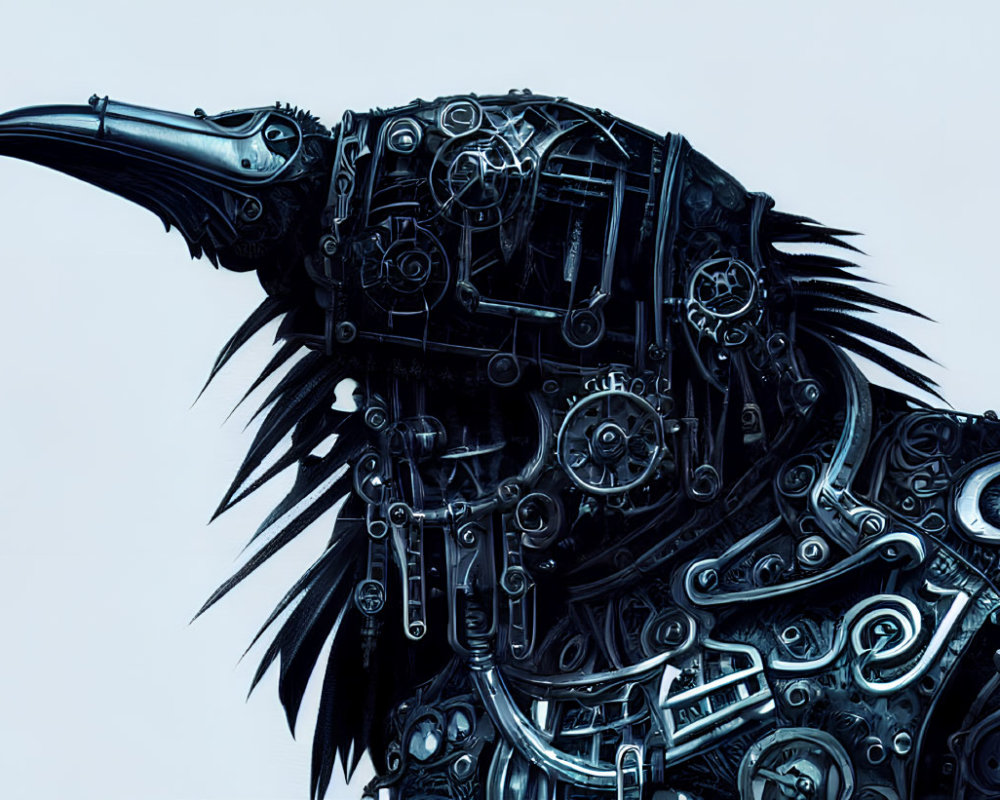 Intricate Mechanical Crow's Head in Monochromatic Blue Tone