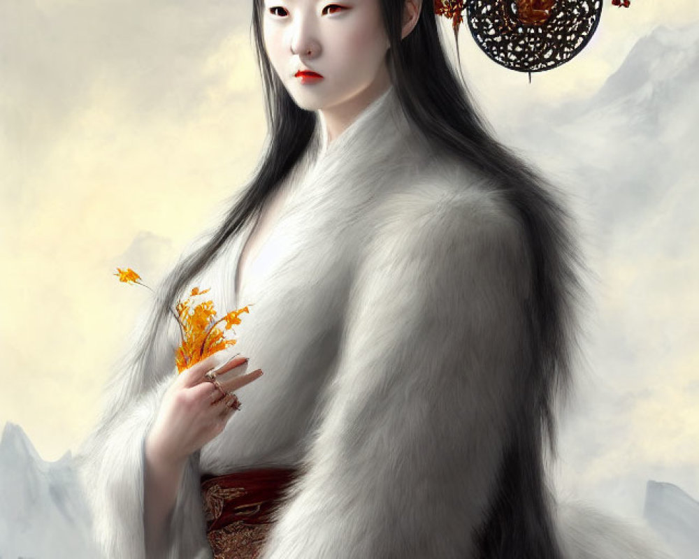 Traditional attired woman with fur cloak, orange flowers, and fan in mountainous setting