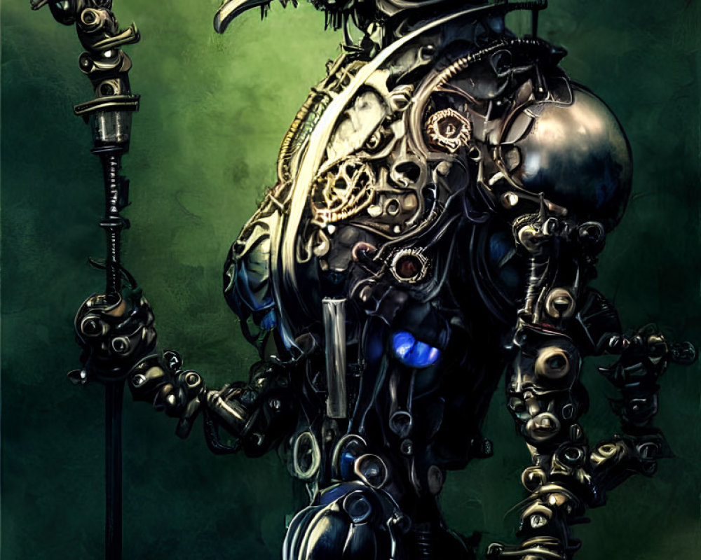 Steampunk-style robotic figure with plague doctor mask and intricate mechanical details against dark background