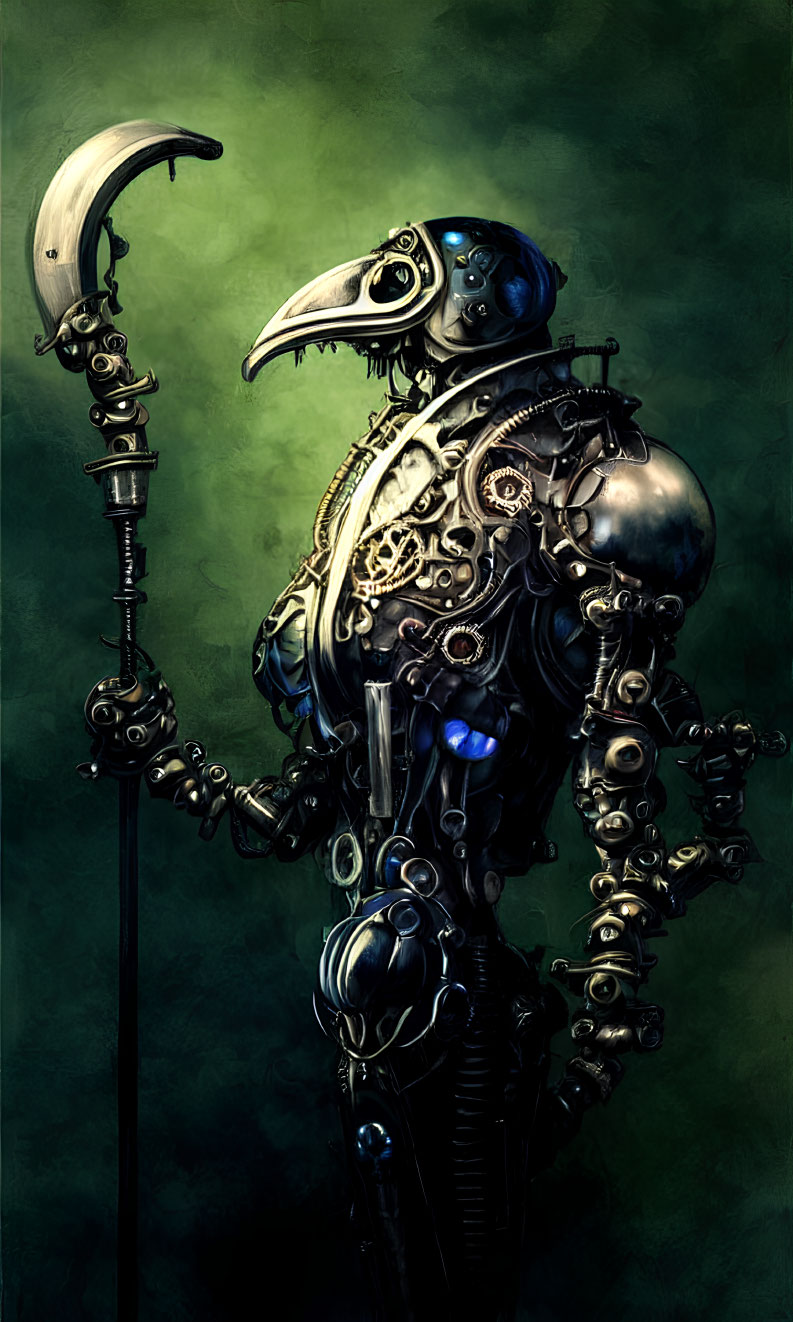 Steampunk-style robotic figure with plague doctor mask and intricate mechanical details against dark background