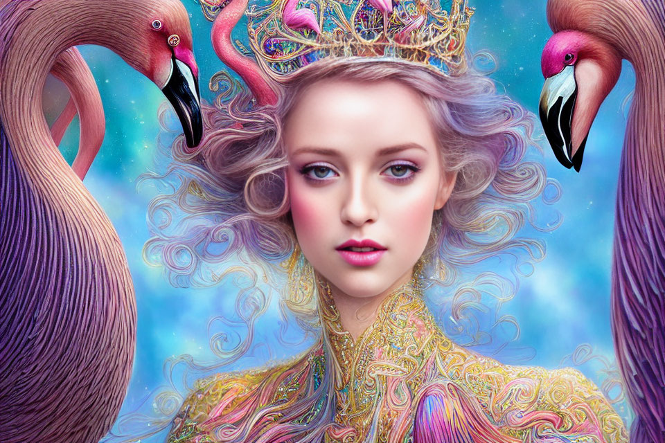 Surreal portrait of woman with crown among pink flamingos in dreamy sky