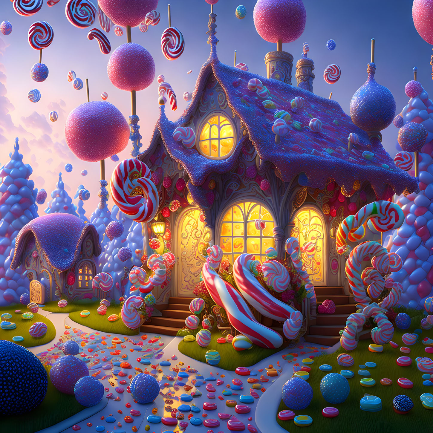 Colorful candy-themed house with lollipops, candies, and sprinkles in a whimsical