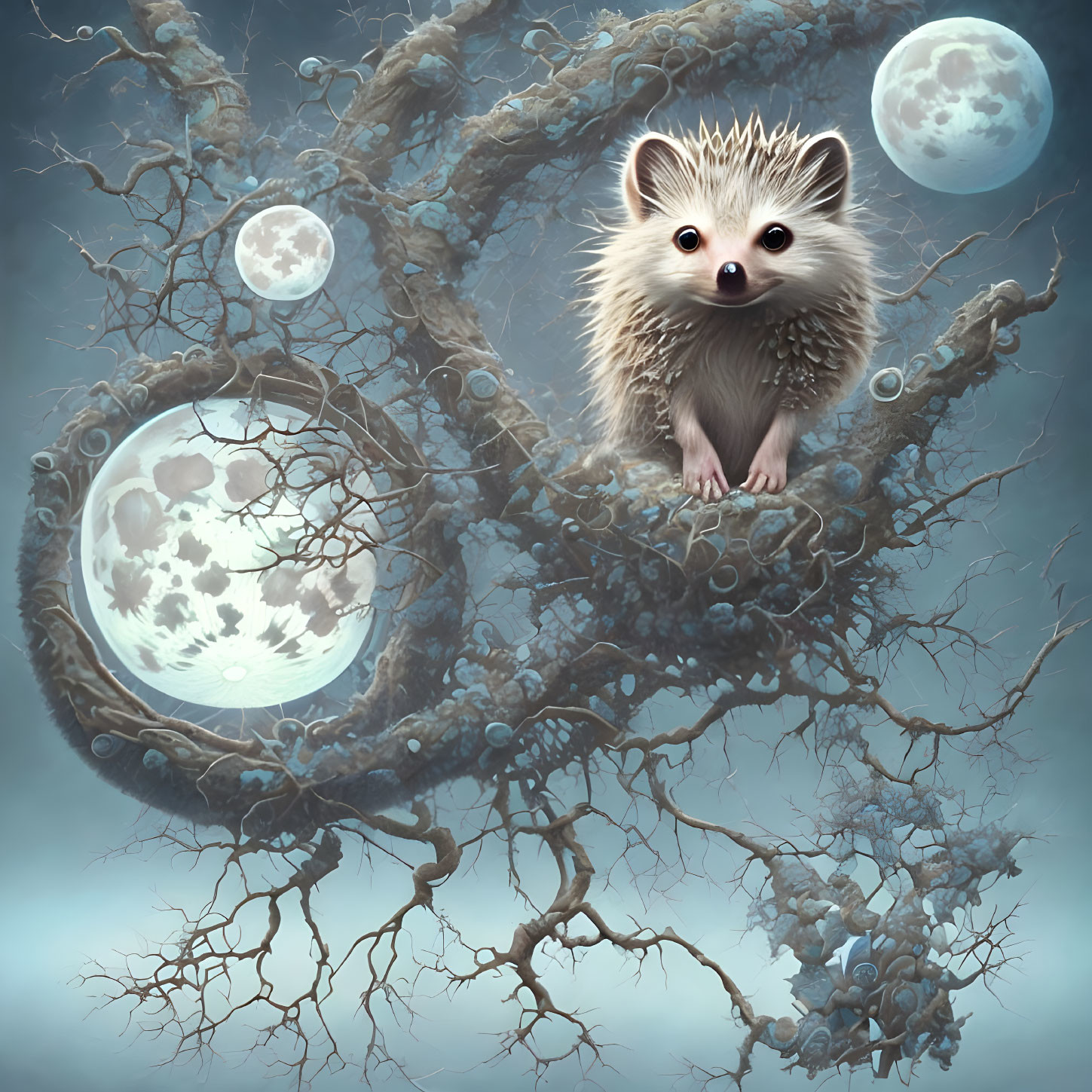 Hedgehog on twisting branches under three moons in mystical foggy scene