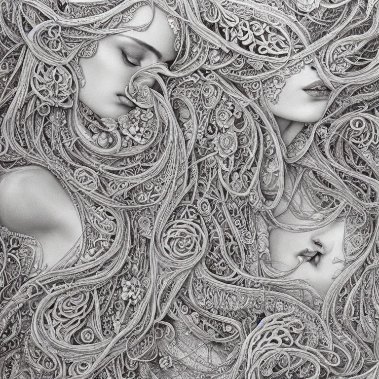 Monochrome illustration of three women with intricate ornate hair designs intertwined