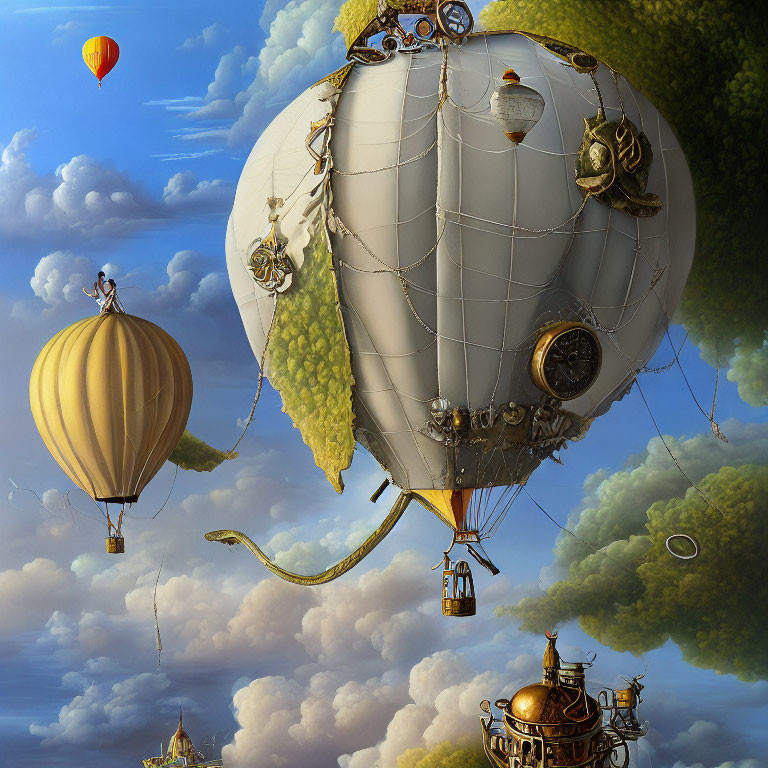 Surreal hot air balloon artwork with whimsical elements in clouds