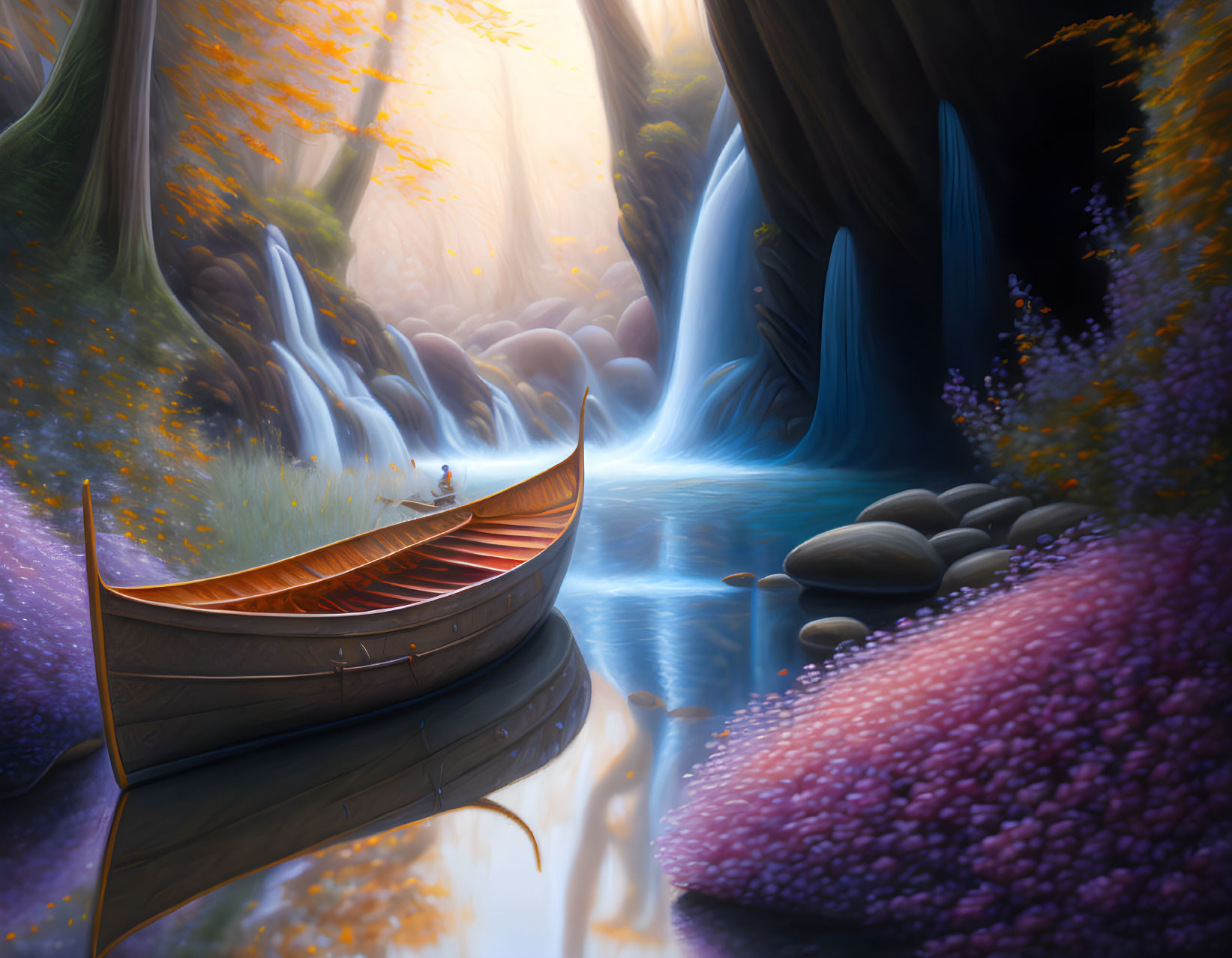 Tranquil fantasy landscape with wooden boat, lilac flowers, waterfall, autumn trees