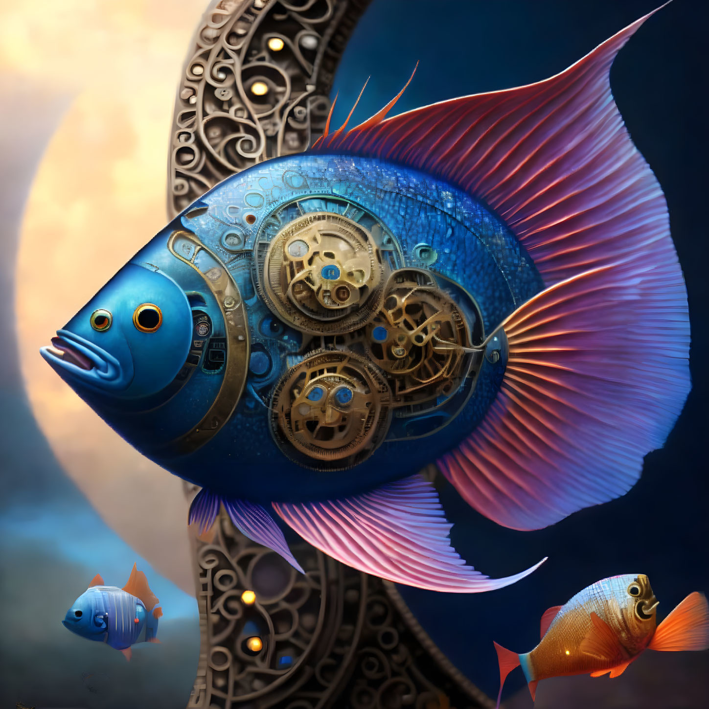 Illustration of surreal mechanical fish in blue, pink, and orange hues against aquatic backdrop