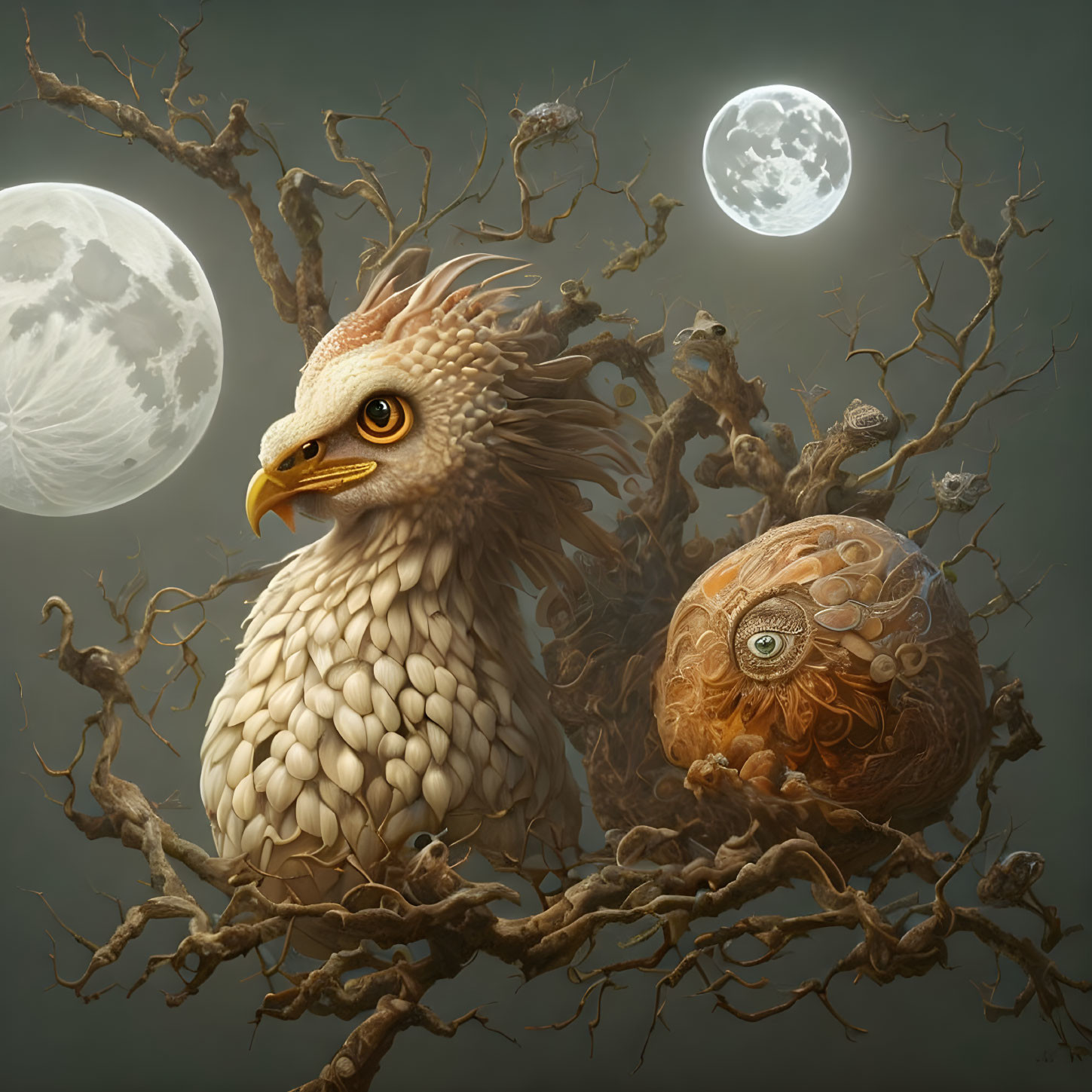 Fantasy illustration of majestic bird on gnarled branches under two full moons