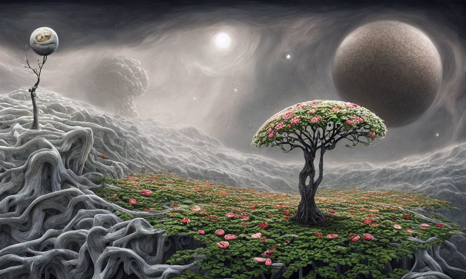 Surreal landscape with blooming tree and cosmic sky