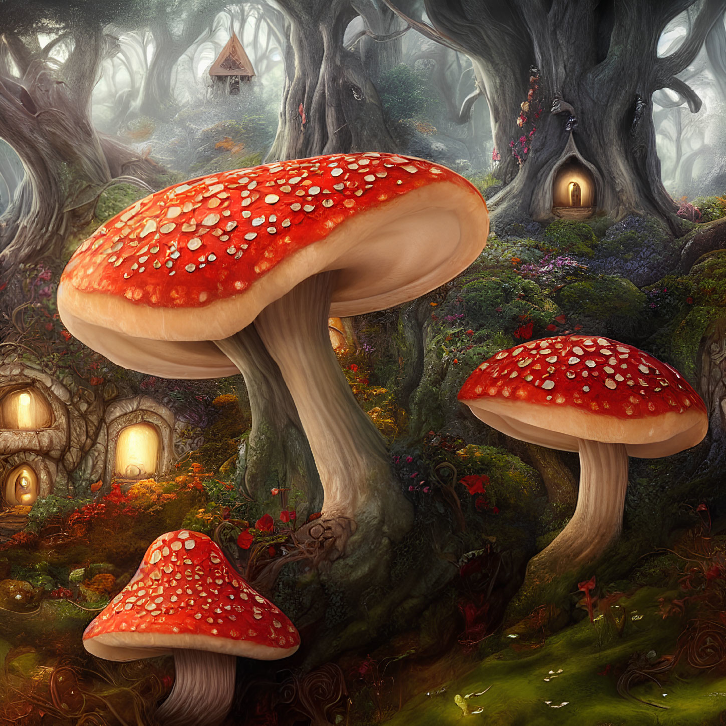 Enchanted forest with large red-capped mushrooms and glowing tree windows