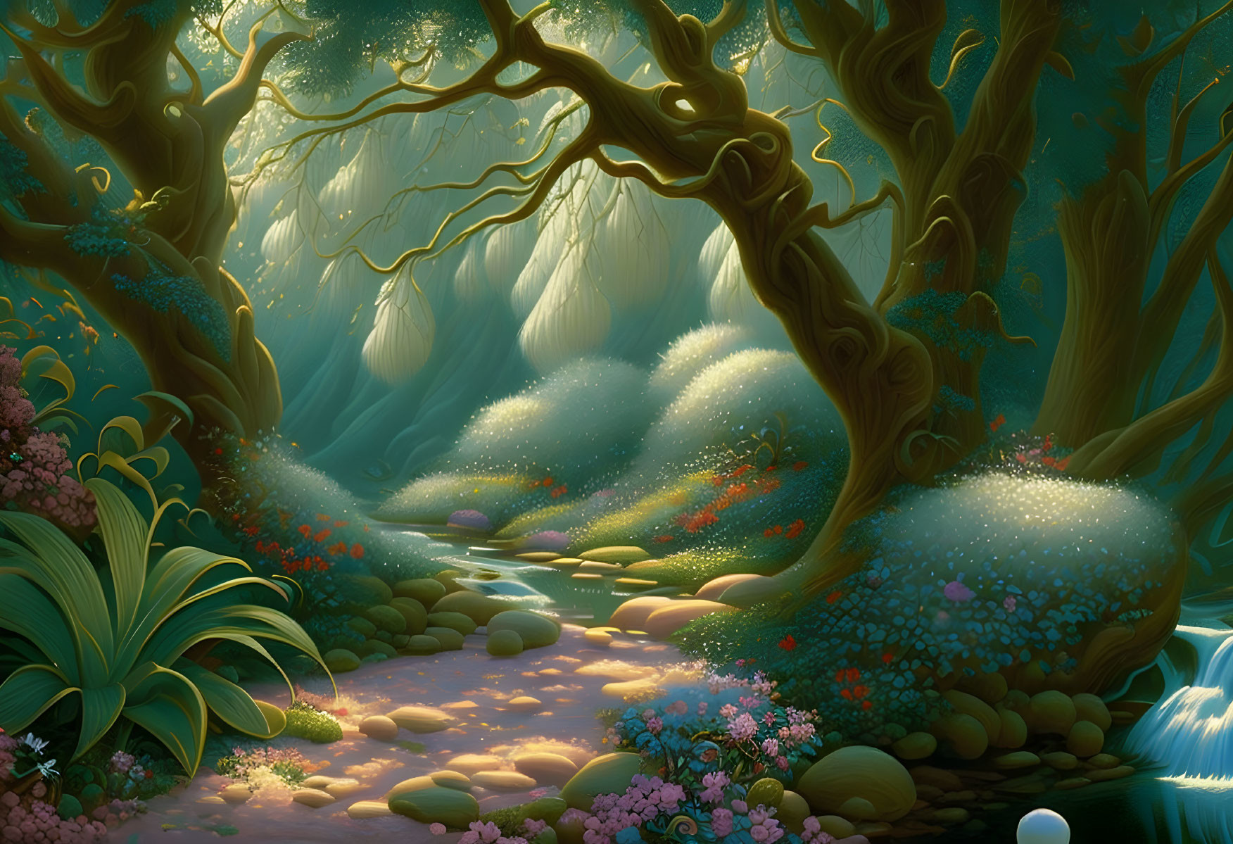 Mystical forest scene with glowing trees, stream, shrubs, and colorful flowers