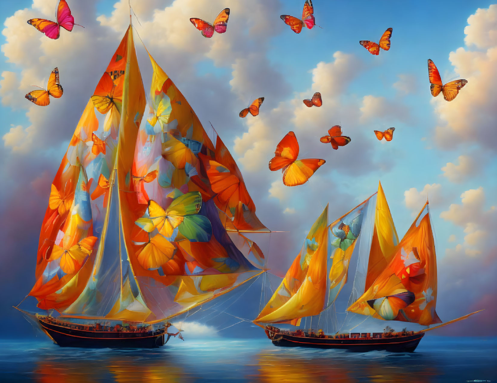 Colorful sailboats with butterfly-patterned sails on calm waters under a blue sky