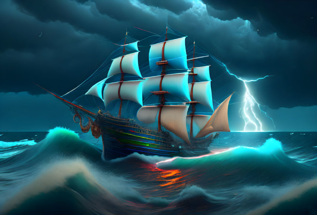 Tall ship with white sails navigating stormy seas