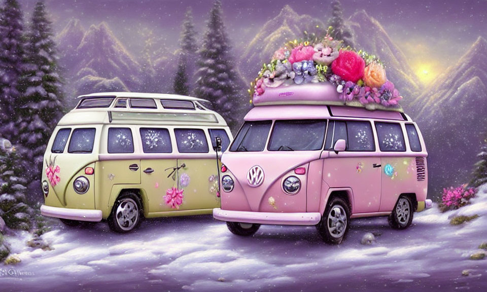 Vintage Volkswagen buses in pastel colors parked in snowy mountain landscape at sunrise