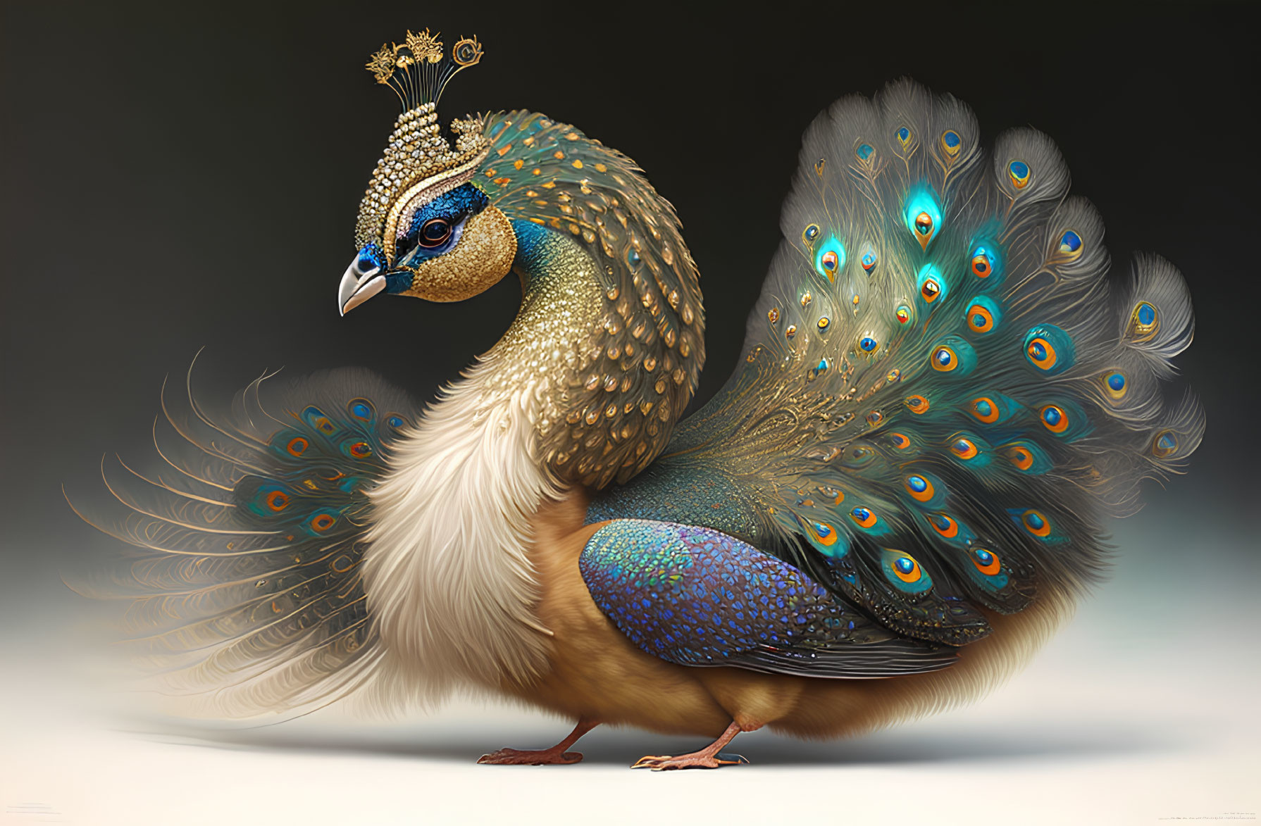 Colorful Peacock with Elaborate Tail Display and Majestic Crown